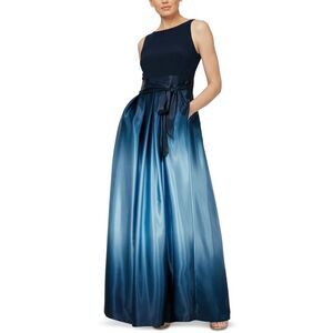 SLNY Womens Blue Ombre Satin Special Occasion Evening Dress Gown Petites NWT